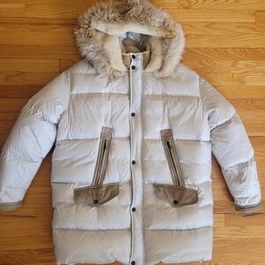 Women's White Puffer Jacket with Faux Fur Hood